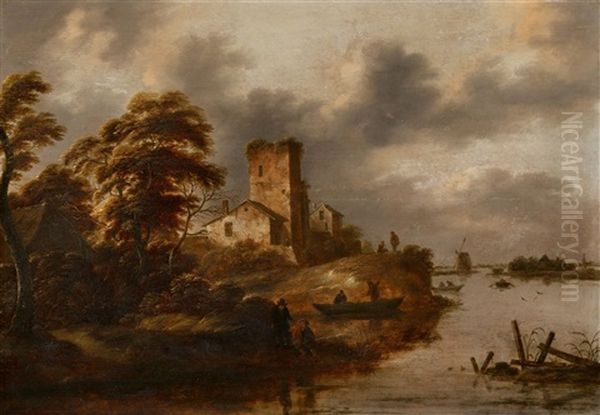 River Landscape Oil Painting by Nicolaes Molenaer