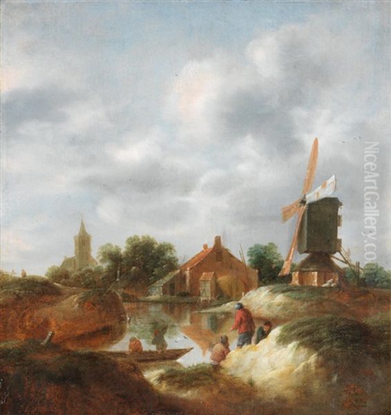 A Riverside Village With A Windmill Oil Painting by Nicolaes Molenaer