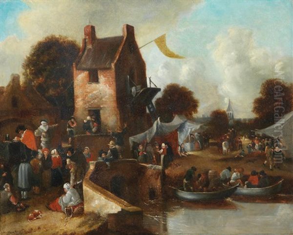 A Riverside Village With Figures At A Market Oil Painting by Nicolaes Molenaer