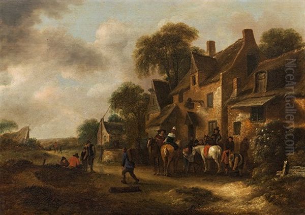 Resting Horses In Front Of A Farmstead Oil Painting by Nicolaes Molenaer