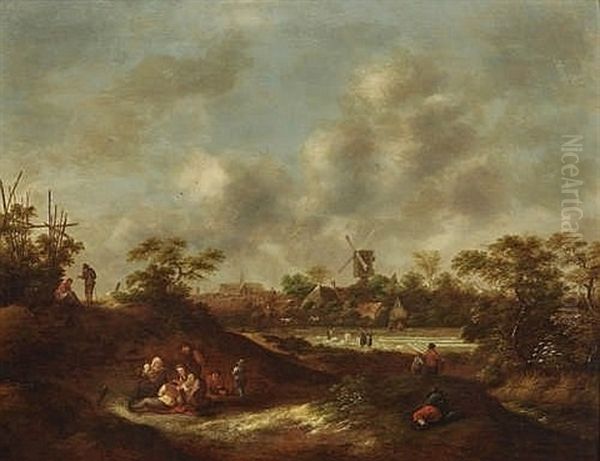 Bleaching Of Cloths Near Haarlem In The Background The Church Grote Kerk Oil Painting by Nicolaes Molenaer