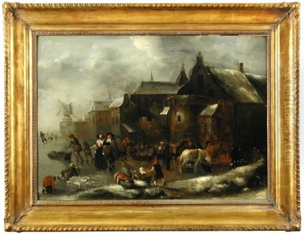 River Scene With Skaters On A Frozen River Oil Painting by Nicolaes Molenaer