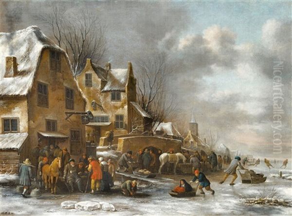 Winterlandschaft Mit Bauern Vor Einem Wirtshaus Und Schlittschuhlaufern Oil Painting by Nicolaes Molenaer