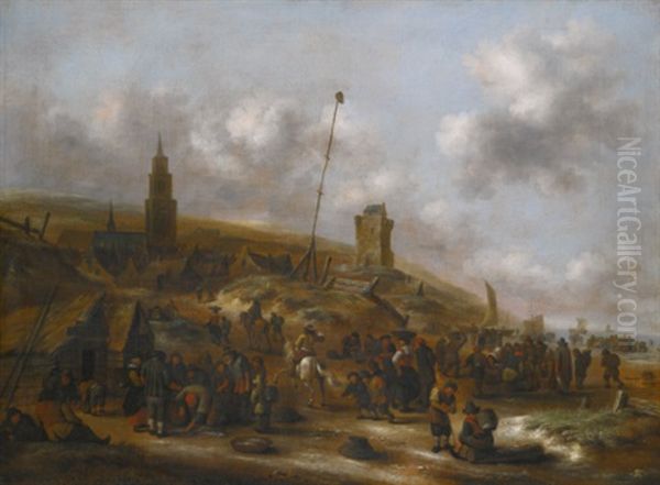 The Beach At Scheveningen With Fishermen Unloading Their Catch Oil Painting by Nicolaes Molenaer