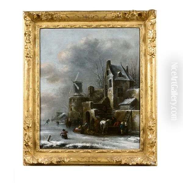 Paysage De Village Anime De Patineurs Et Luges Oil Painting by Nicolaes Molenaer