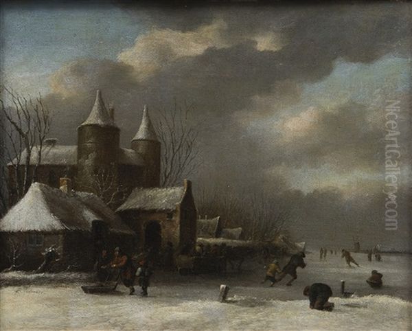 Winter Scene With Ice Skaters Oil Painting by Nicolaes Molenaer