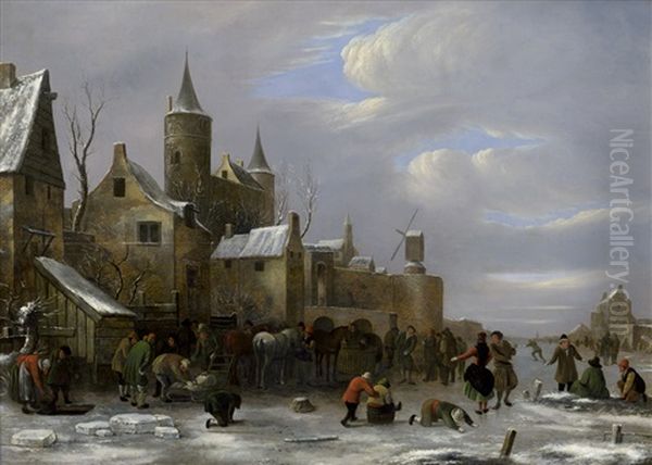 Frohliche Gesellschaft Auf Einem Zugefrorenen Fluss Vor Einer Stadt Oil Painting by Nicolaes Molenaer