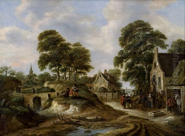 Landschaft Mit Einem Dorf Und Bauerlicher Staffage Vor Einer Herberge Oil Painting by Nicolaes Molenaer