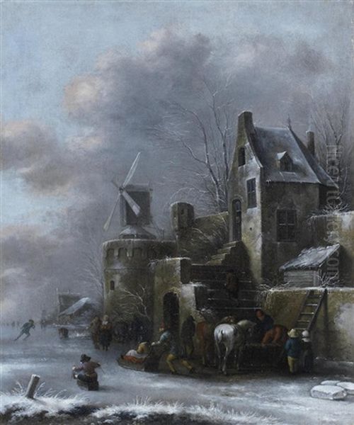 A Winter Landscape With Figures Sledding Oil Painting by Nicolaes Molenaer