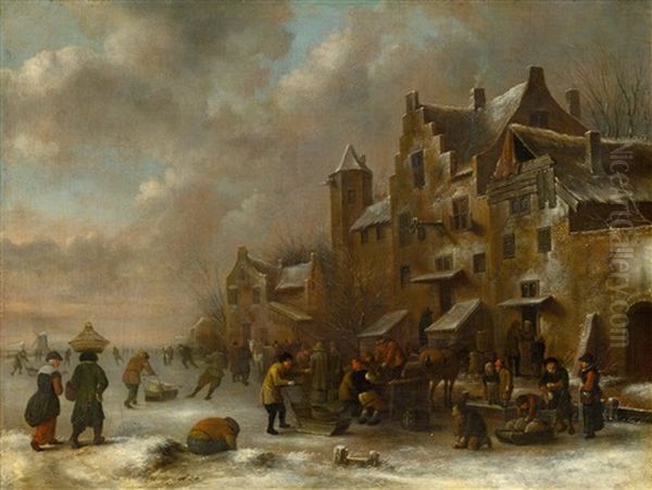 A Winter Scene With Figures Before A Town Oil Painting by Nicolaes Molenaer