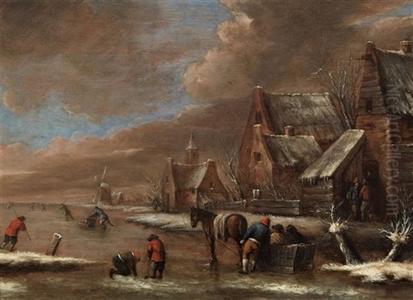 Dorfliche Winterlandschaft Mit Eislaufern Oil Painting by Nicolaes Molenaer