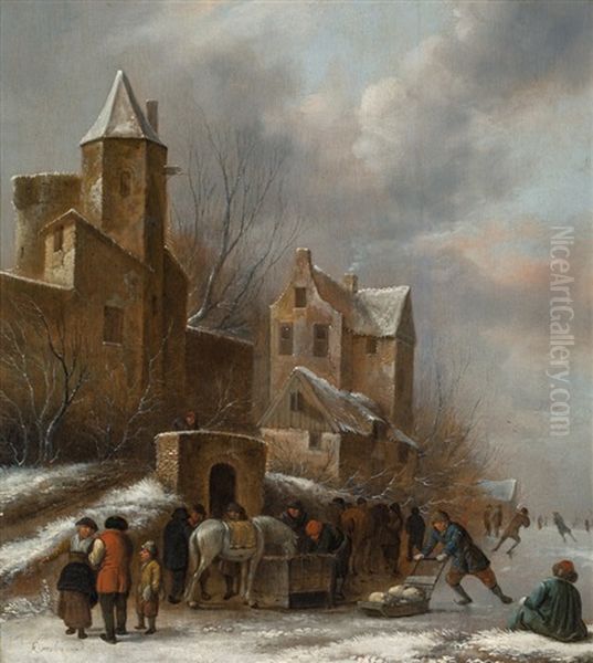 Eislaufer Vor Einer Stadt Oil Painting by Nicolaes Molenaer