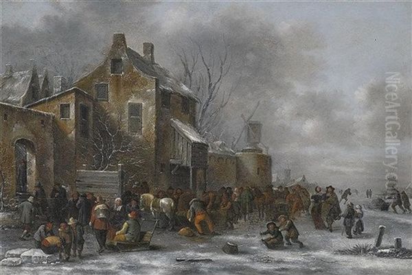 Winterlandschaft Mit Bauern, Spaziergangern Und Eislaufern Vor Der Stadt Oil Painting by Nicolaes Molenaer