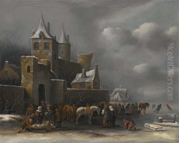 A Winter Landscape With Figures Gathered On A Frozen Waterway Outside A Barn Oil Painting by Nicolaes Molenaer