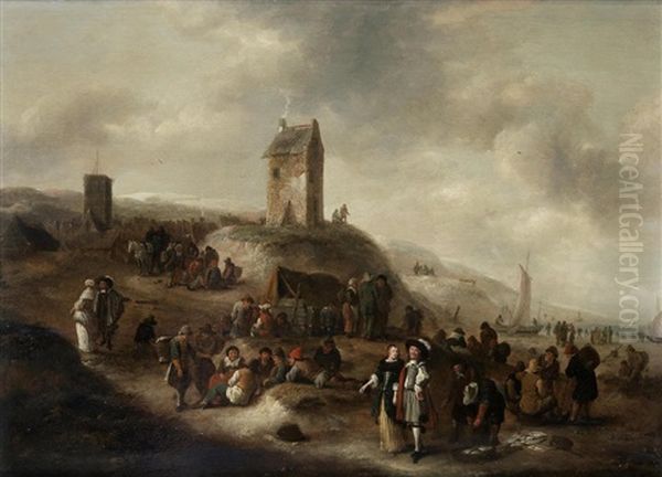 Fishermen Selling Their Catch On A Beach Oil Painting by Nicolaes Molenaer