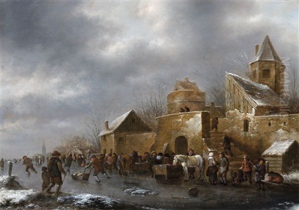 A Winter Landscape With Figures Enjoying Winter Around The Walls Of A Town, And Figures On The Ice In The Foreground Oil Painting by Nicolaes Molenaer