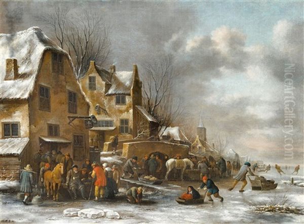 Winter Landscape With Peasants And Ice Skaters By A Tavern Oil Painting by Nicolaes Molenaer