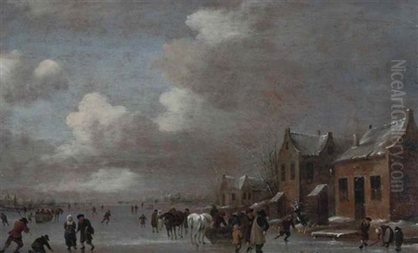 Skaters On A River Oil Painting by Nicolaes Molenaer