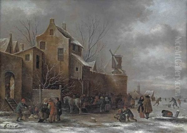 A Winter Landscape With Figures On A Frozen Waterway By A Fortified Town Oil Painting by Nicolaes Molenaer