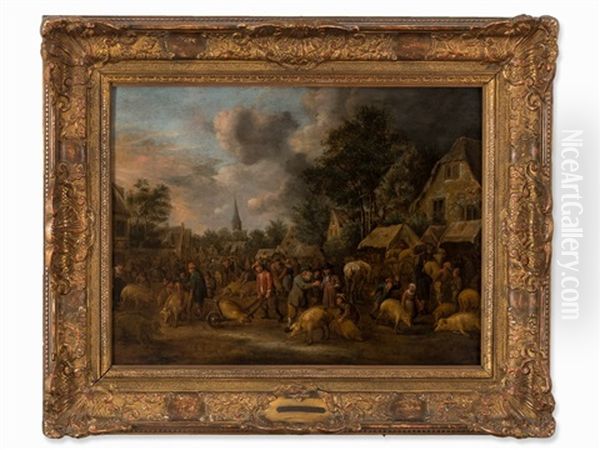 Village Pig Market Oil Painting by Nicolaes Molenaer