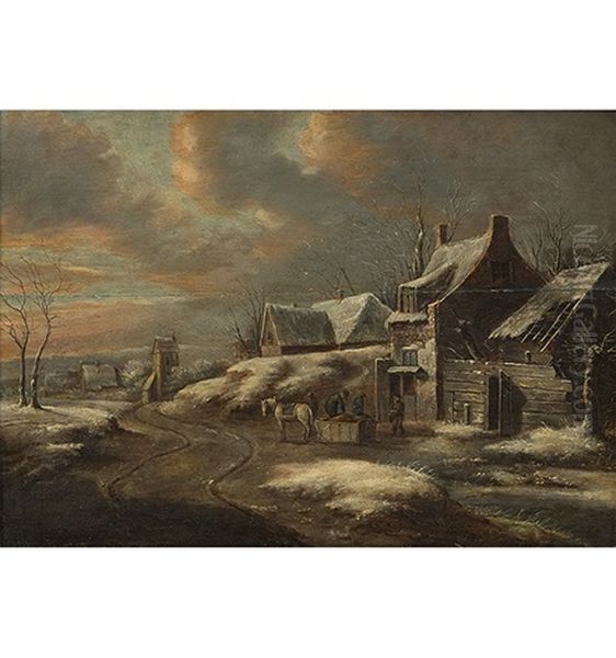 Abendliche Winterlandschaft Mit Packschlitten Oil Painting by Nicolaes Molenaer