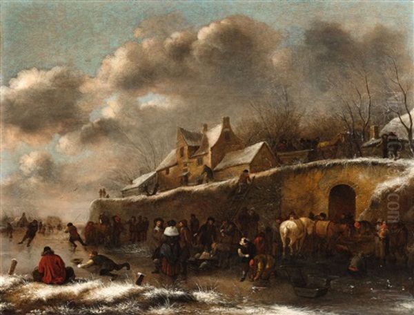 A Village Scene In Winter Oil Painting by Nicolaes Molenaer