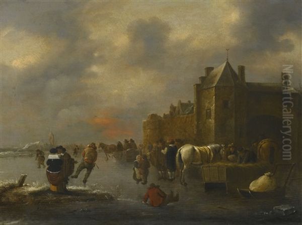 Winter Landscape With Skaters On A River Near A Walled Town Oil Painting by Nicolaes Molenaer