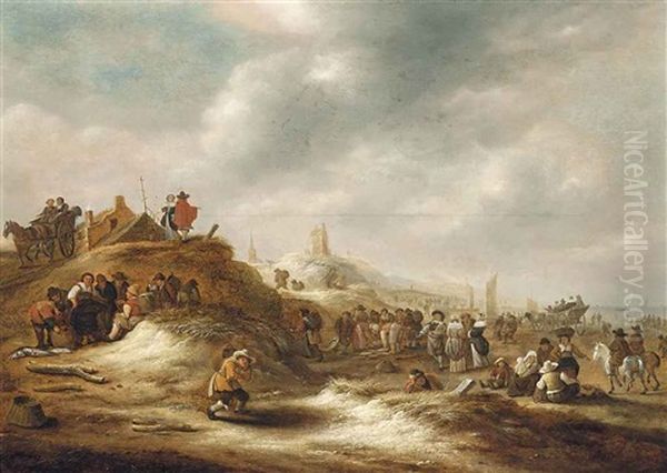 The Beach At Scheveningen, With Elegant Figures And Fishermen Selling Their Catch Oil Painting by Nicolaes Molenaer