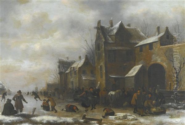 Winter Landscape With Skaters, Travellers And Their Horses Outside A Village, Figures Packing Bundles Onto A Sledge By An Archway On The Left Oil Painting by Nicolaes Molenaer