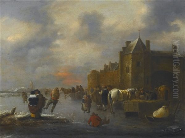 Winter Landscape With Skaters On A River Near A Walled Town Oil Painting by Nicolaes Molenaer