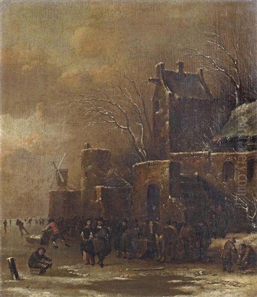 A Winter Landscape With A Fortified Town And Figures On A Frozen Waterway by Nicolaes Molenaer