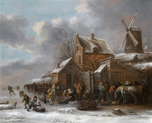 Eine Winterlandschaft Mit Dorfbewohnern Vor Einem Wirtshaus Oil Painting by Nicolaes Molenaer