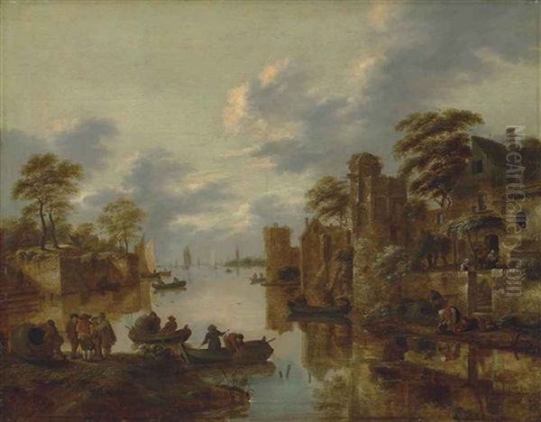 A River Landscape With Fishermen On The Left Bank And Rowing Boats And Other Figures Near A Walled Town By The Canal by Nicolaes Molenaer