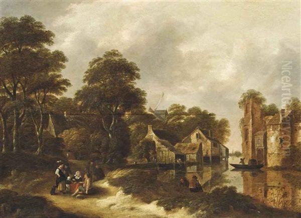 A Wooded River Landscape With Travellers Resting On A Track And Anglers On The Bank, A Village Beyond Oil Painting by Nicolaes Molenaer