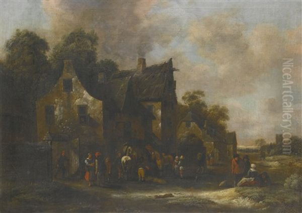 Mounted Travellers And Other Figures Gathered Outside An Inn Oil Painting by Nicolaes Molenaer