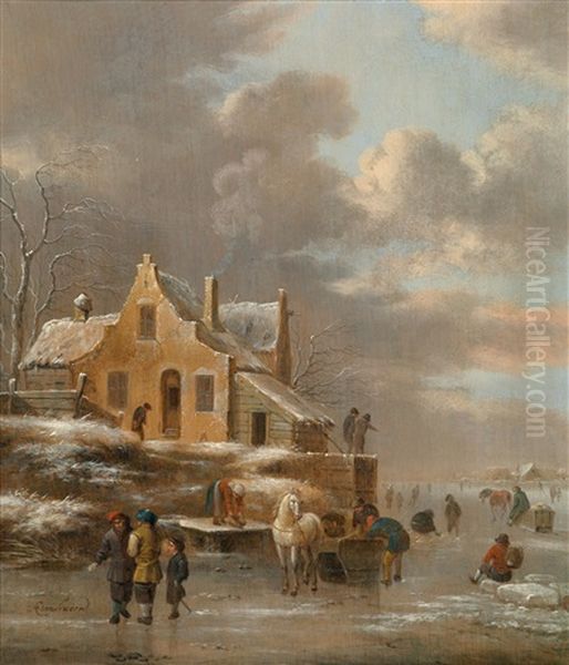 Winterlandschaft Mit Pferdekarren Und Eislaufern Oil Painting by Nicolaes Molenaer