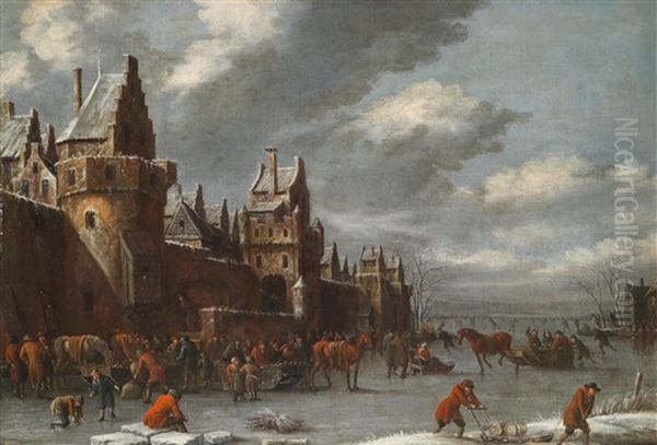 Eine Winterlandschaft Mit Schlittschuhlaufern Oil Painting by Nicolaes Molenaer