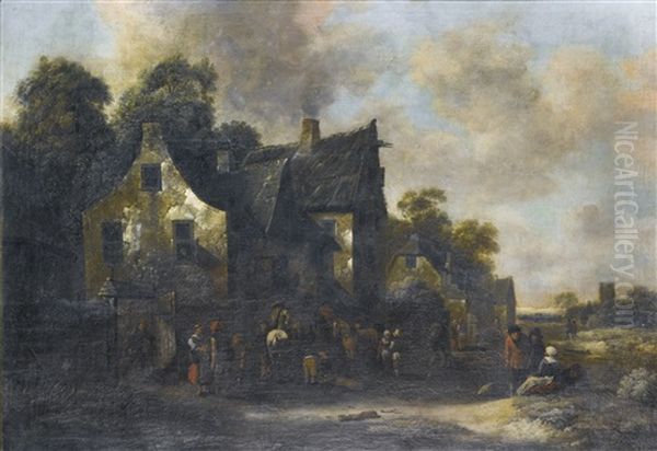 Mounted Travellers And Other Figures Gathered Outside An Inn Oil Painting by Nicolaes Molenaer