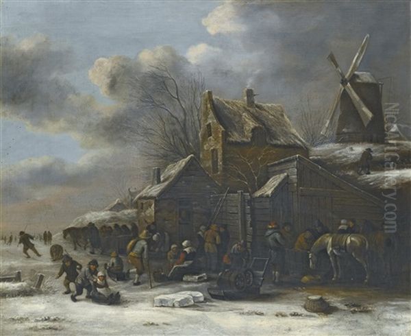 A Winter Landscape With A Frozen River With Skaters And A Horse Before An Inn And A Windmill On A Small Hill To The Right Oil Painting by Nicolaes Molenaer