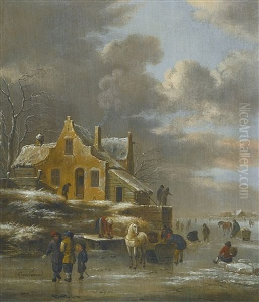 Winter Landscape With A Horse-drawn Sled And Many Figures Skating On The Frozen Riverband, A Farmhouse On A Small Hill To The Left Oil Painting by Nicolaes Molenaer