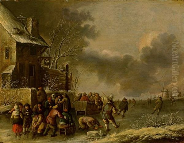 Winterlandschaft Mit Zugefrorenem Flusslauf Und Lebhaftem Treiben Vor Einem Gasthaus Oil Painting by Nicolaes Molenaer