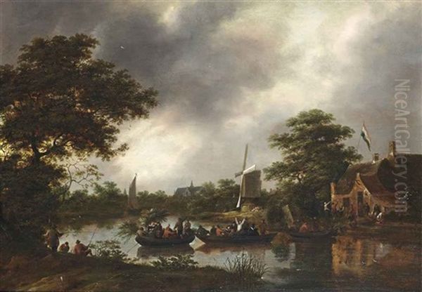 A River Landscape With Figures On Ferryboats, Leaving A Carnival Oil Painting by Nicolaes Molenaer