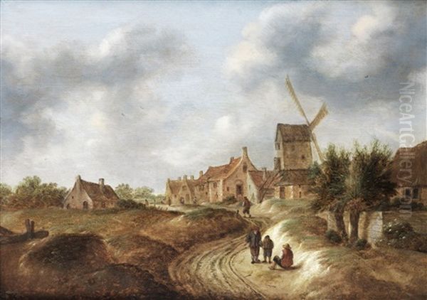 A Dune Landscape With Figures Resting On A Country Path, Before A Village Oil Painting by Nicolaes Molenaer