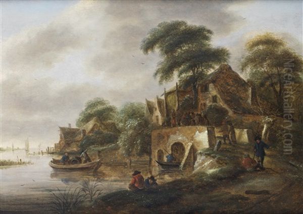 Barges Approaching A Village In An Open River Landscape Oil Painting by Nicolaes Molenaer