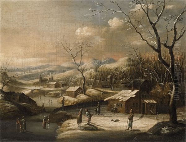 Winter Landscape With A Village And Figures Oil Painting by Nicolaes Molenaer