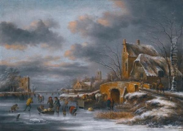 A Winter Landscape With Figures Skating On A Frozen River Oil Painting by Nicolaes Molenaer