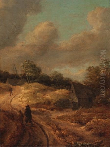 Gewitterlandschaft Mit Kleinem Weg Und Figurenstaffage - Im Hintergrund Ein Dorf Oil Painting by Nicolaes Molenaer