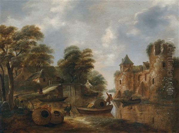 Flusslandschaft Mit Fischern Vor Einer Burgruine Oil Painting by Nicolaes Molenaer