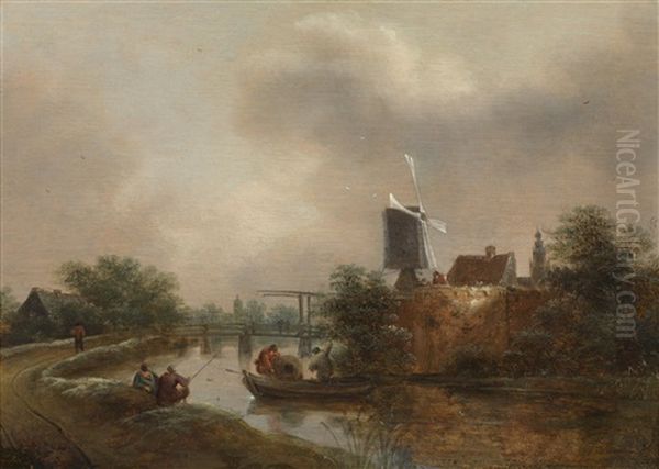 Flusslandschaft Mit Einer Windmuhle Und Einem Fischerboot Oil Painting by Nicolaes Molenaer