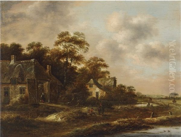 Dutch Landscape With Farmstead And Peasants Oil Painting by Nicolaes Molenaer